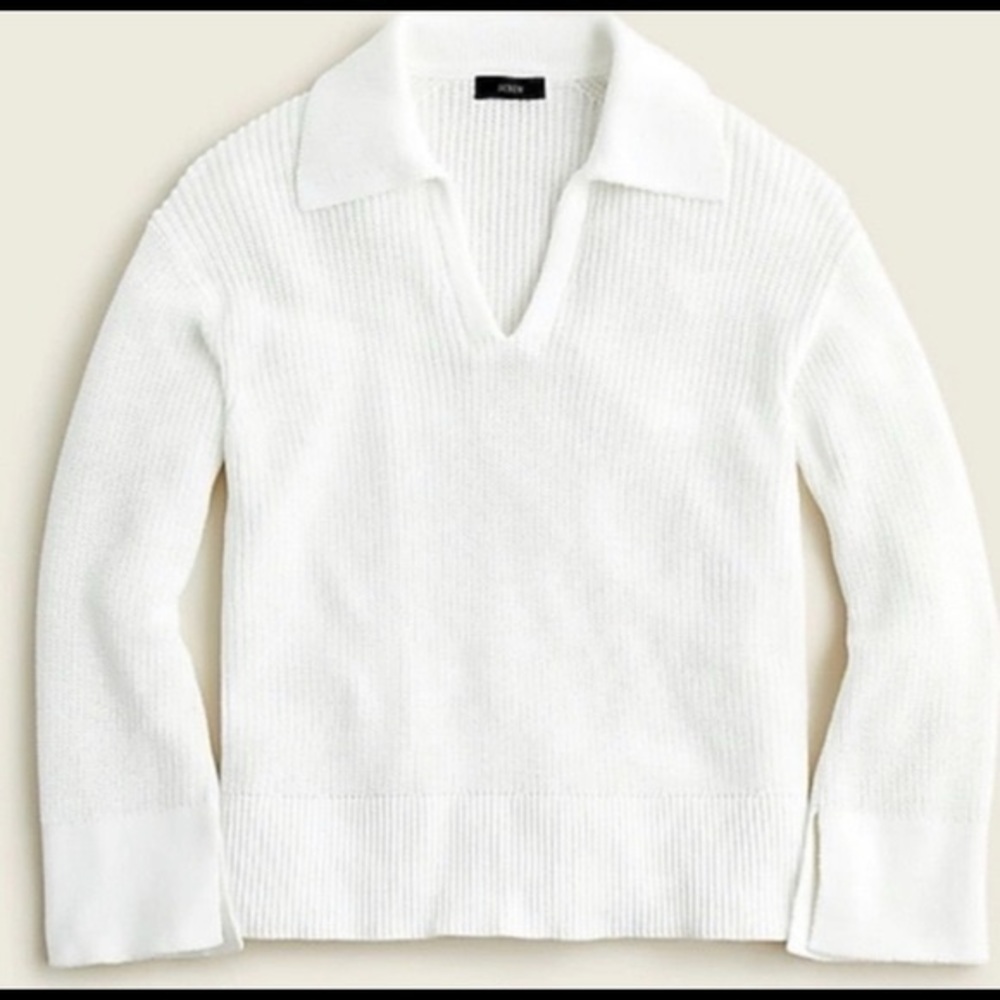 J.Crew Medium White Relaxed Collared Sweater Knit Long Sleeve V Neck New BG119